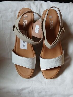 Naot White and Tan Leather Slingback Sandals